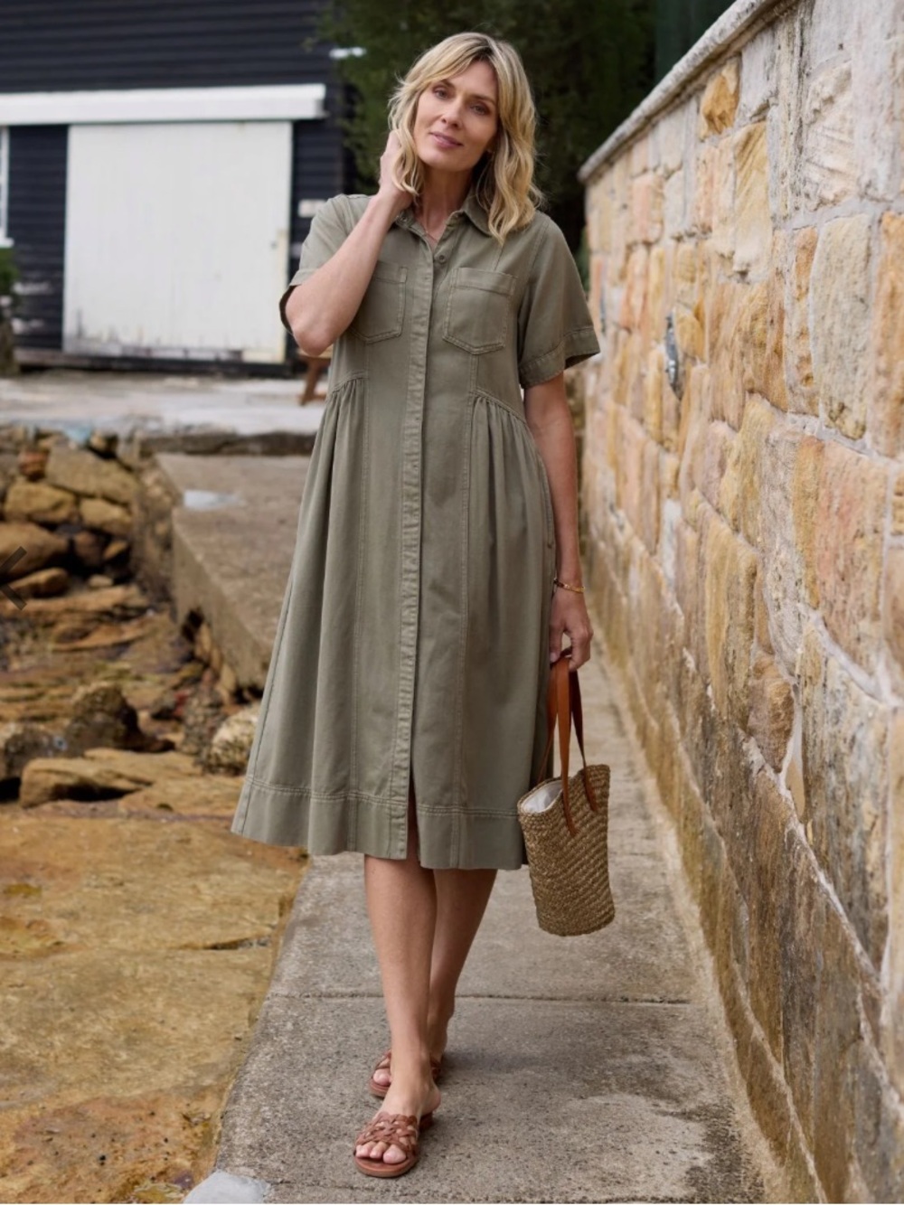 Olive Button-Front Midi Shirt Dress